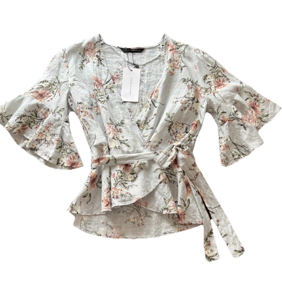 Zara Tops - Zara 100% Linen Floral Peplum Wrap Top Sz S Tie Waist Flutter Flare Sleeves NWT|